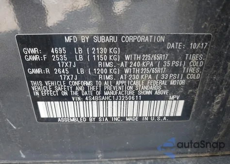 2018 Subaru Outback 2.5I Premium from USA, damaged, VIN 4S4BSAHC1J3250611